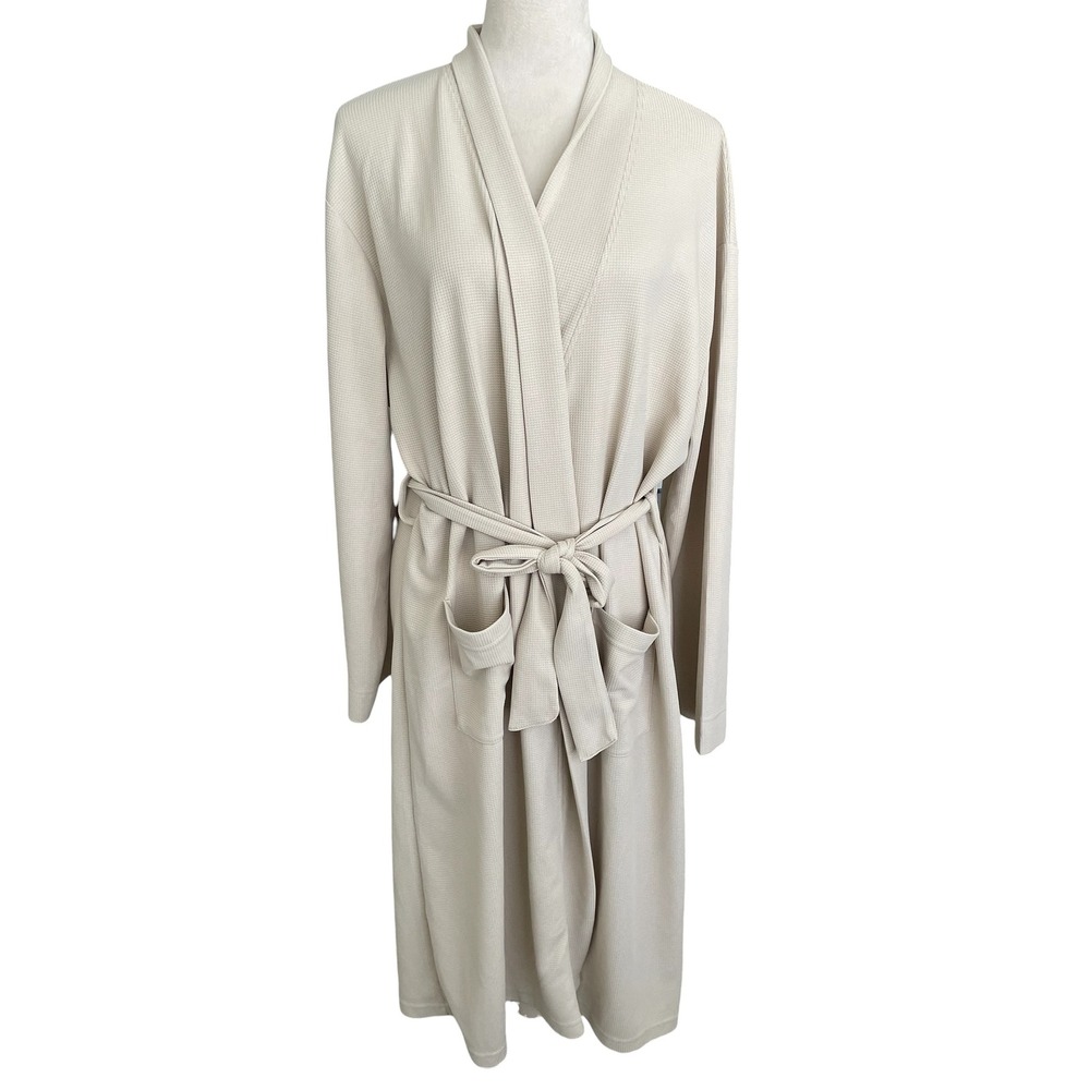 Line and Dot Waffle Knit Robe L/XL Beige Resort Coastal Pockets Lounge Comfort